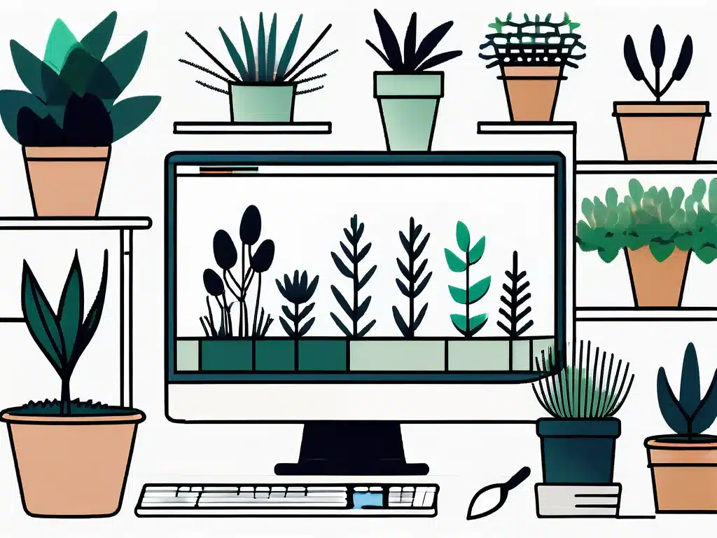 Computer monitor displaying plant nursery software surrounded by potted plants and cacti