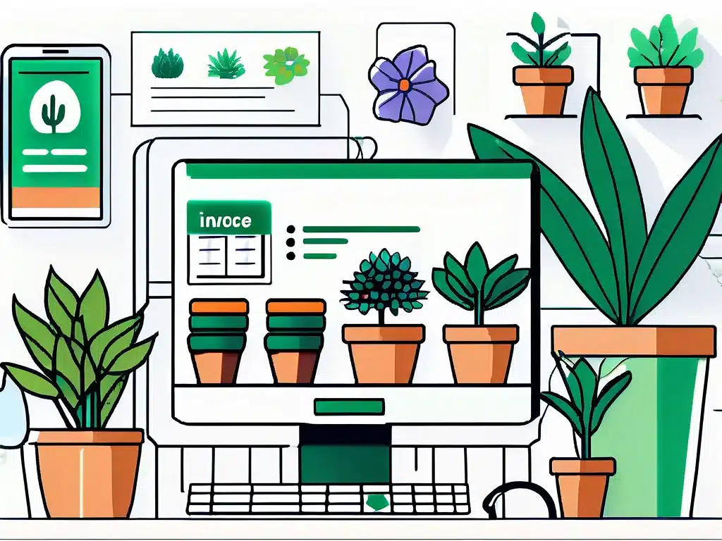 Plant nursery invoice software displayed on computer with various potted plants around workspace