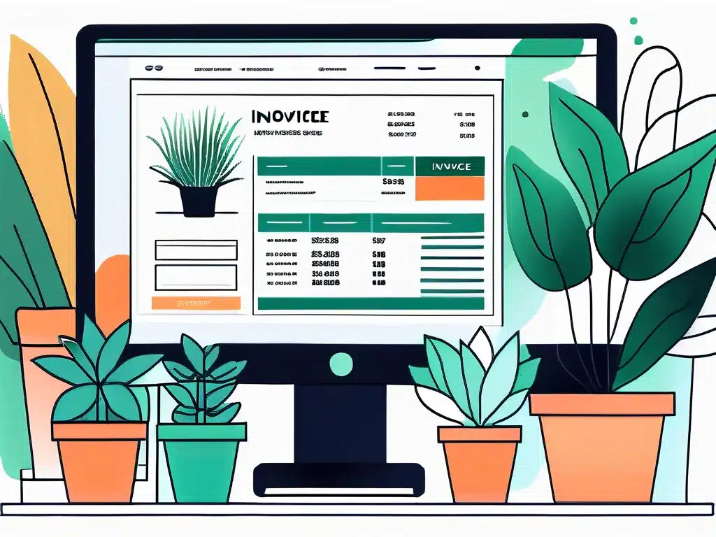 Computer screen displaying plant nursery invoice software surrounded by potted plants