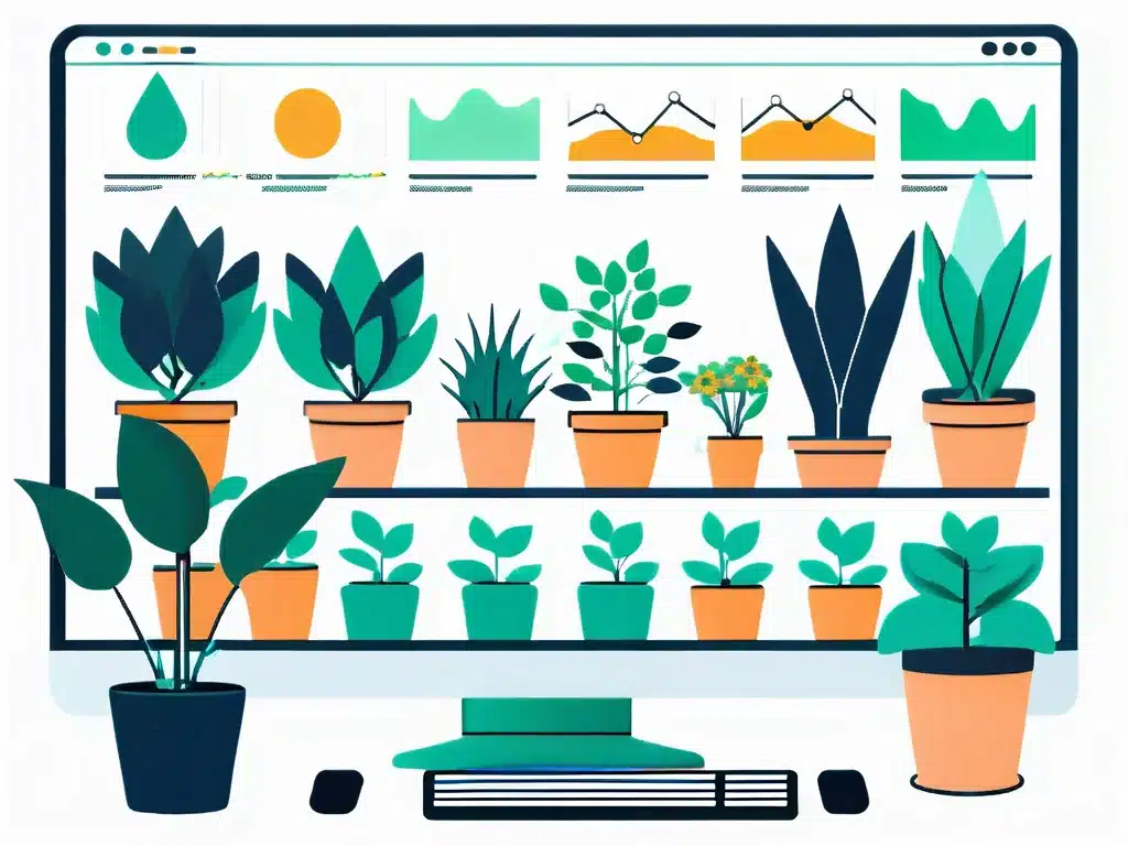 Plant nursery software dashboard displaying charts and graphs with potted plants