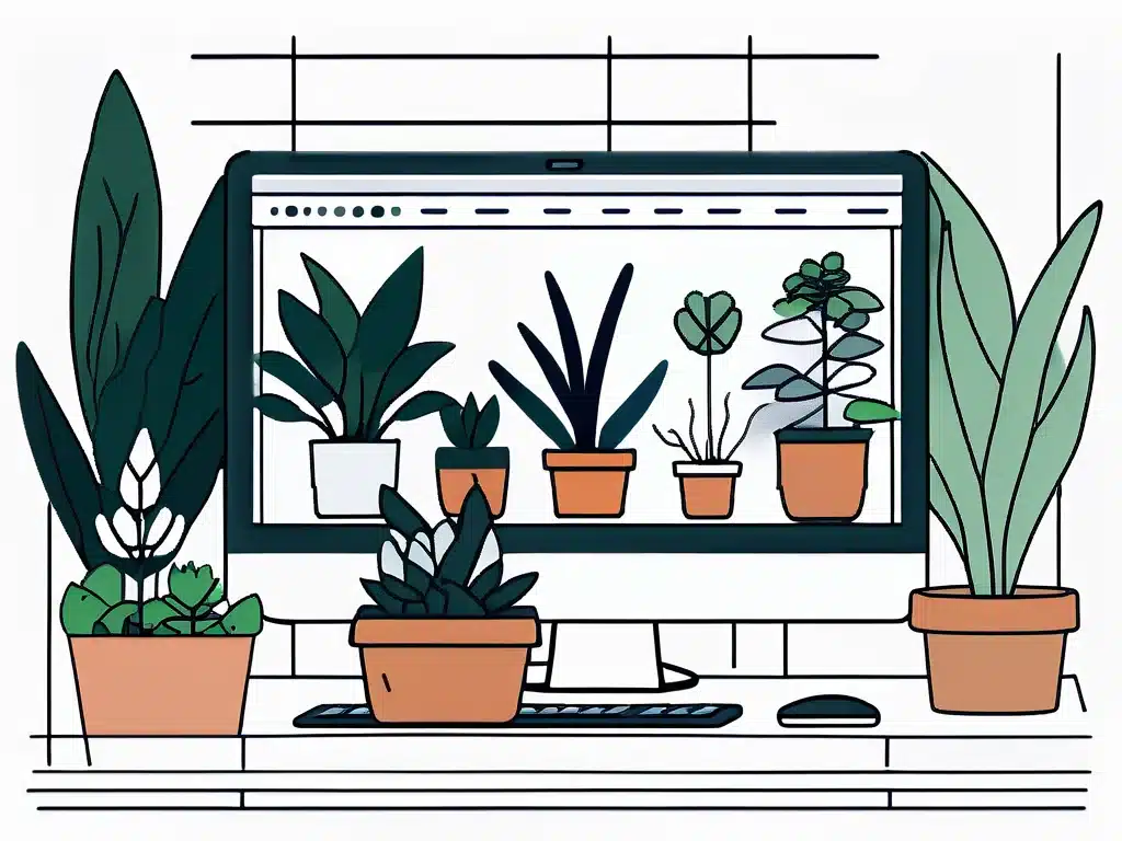 Computer screen displaying plant nursery software with potted plants surrounding desk setup