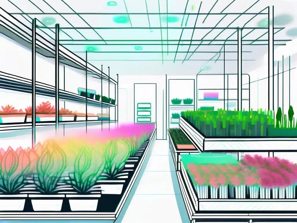 Modern greenhouse interior with organized plant inventory shelves and growing systems