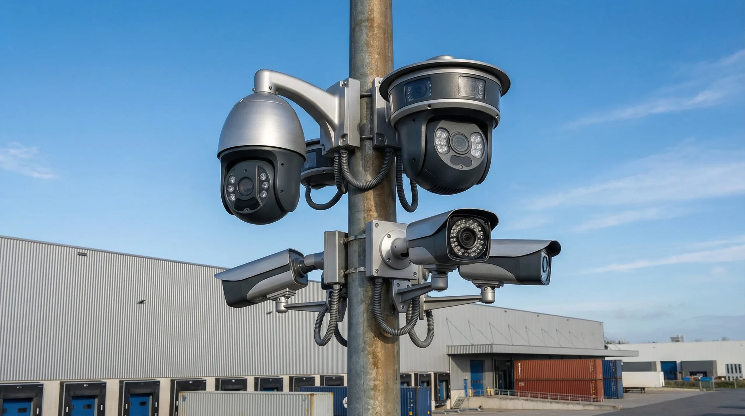 Multiple modern security surveillance cameras mounted on tall metal pole for warehouse security