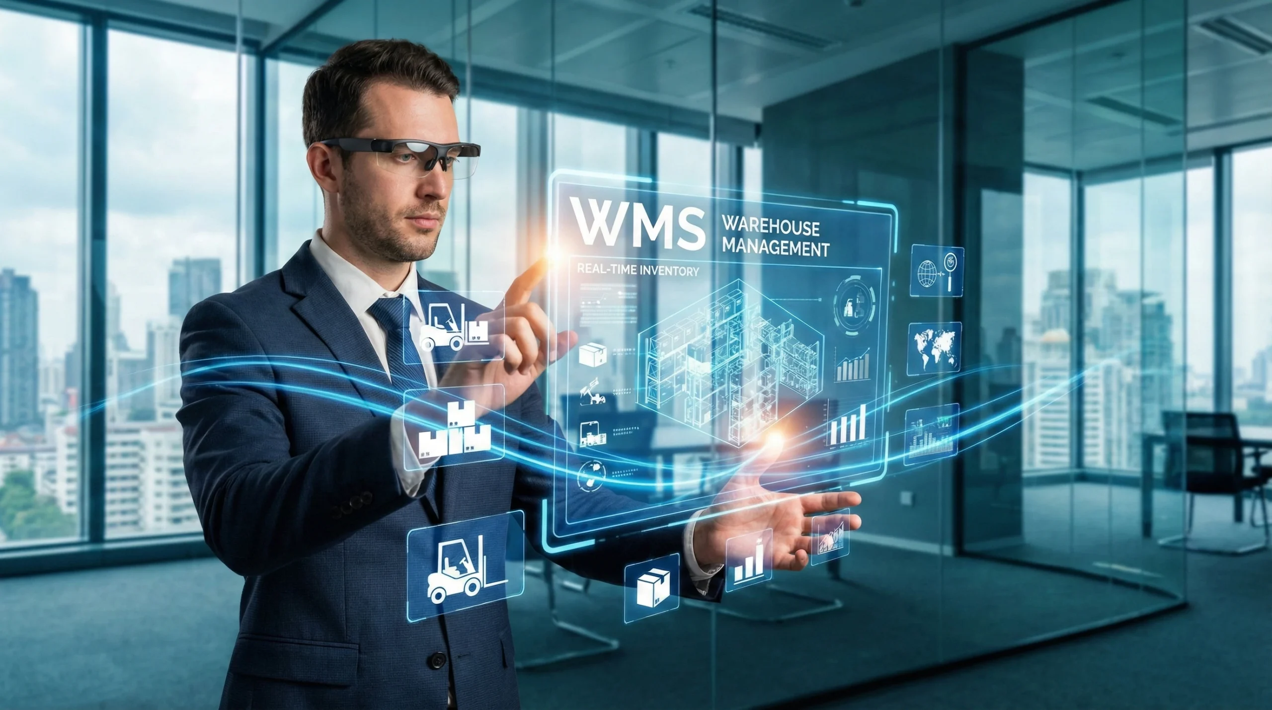 Professional businessman in modern office interacting with digital WMS warehouse management software interface