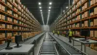 "Modern warehouse with automated conveyor belts and barcode scanners ensuring precise inventory management."