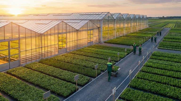 Greenhouse complex at sunset, nursery management software
