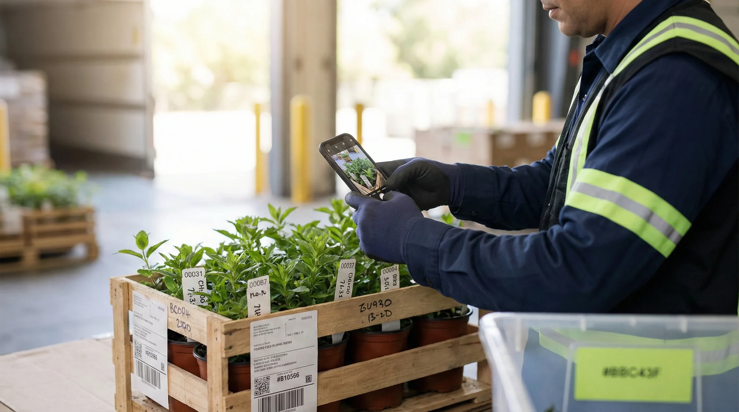 Worker documents plant shipment with phone.