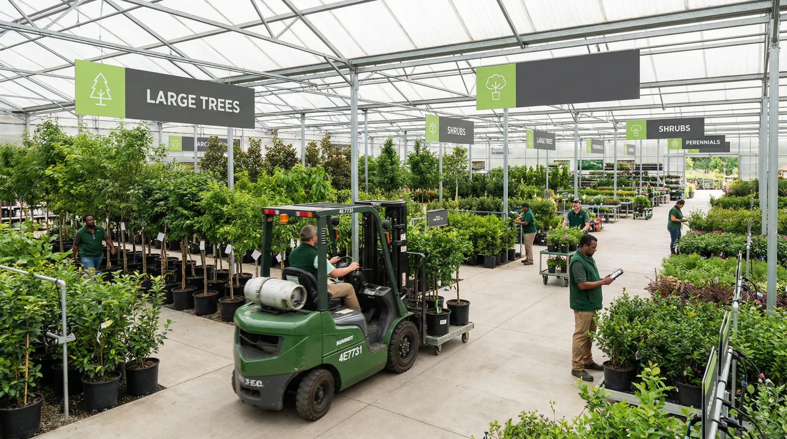 Modern nursery with forklift and plants.