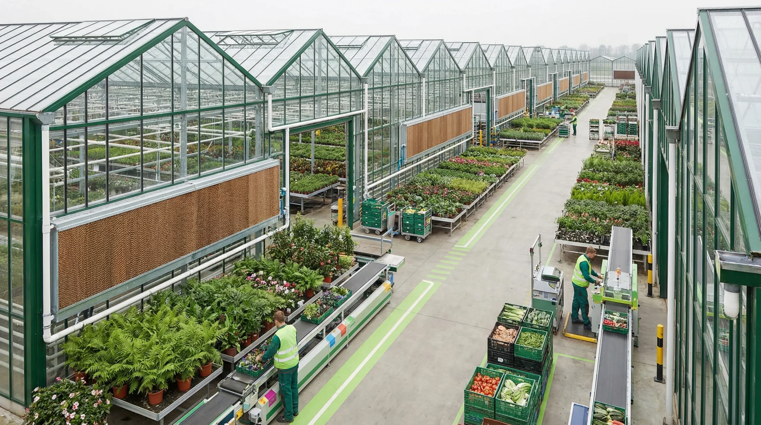 Wide shot of expansive greenhouse range.