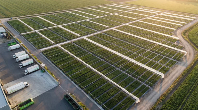 Aerial view of nursery with delivery trucks.