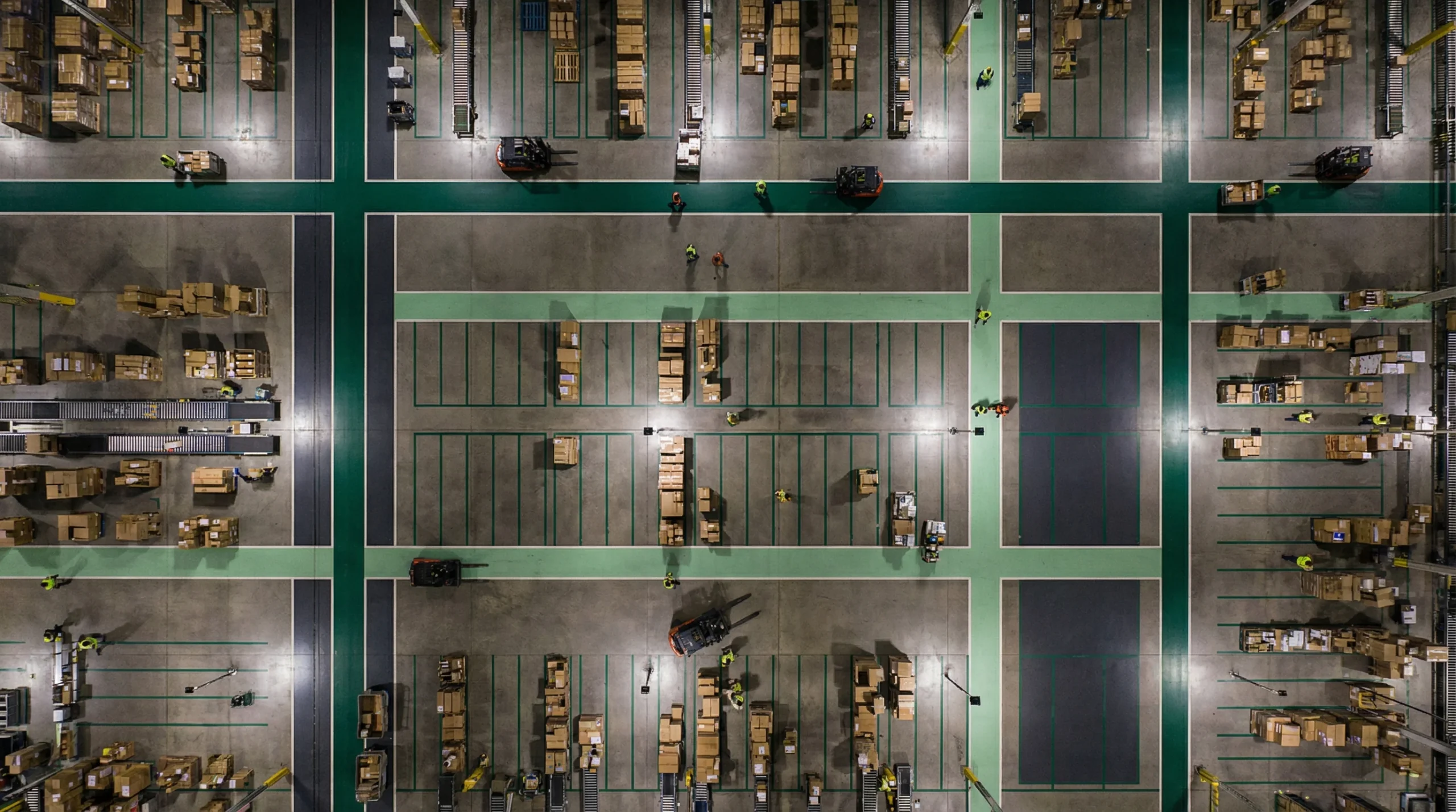 Aerial view of organized warehouse floor