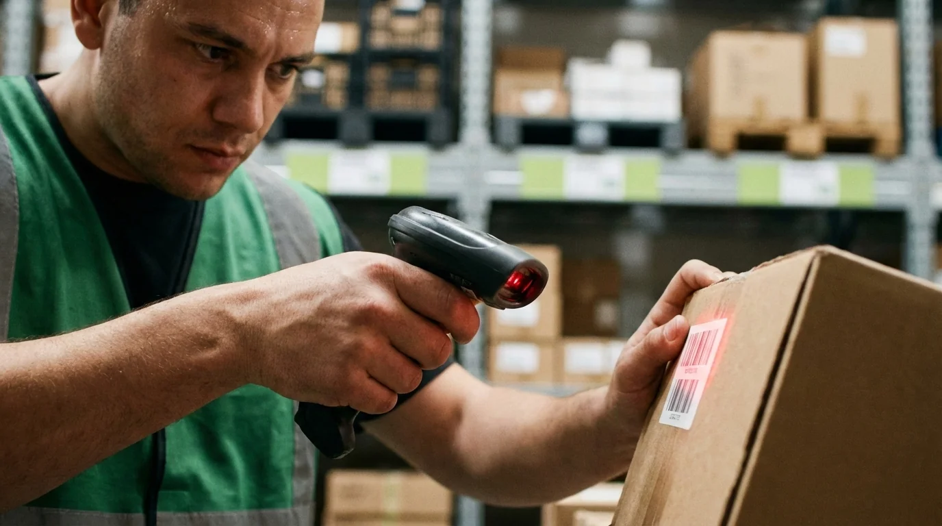 Warehouse worker scanning barcode on package
