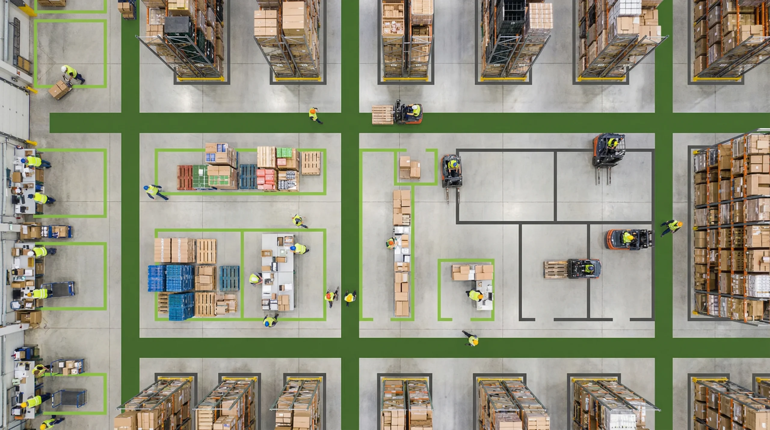Aerial view of organized warehouse floor