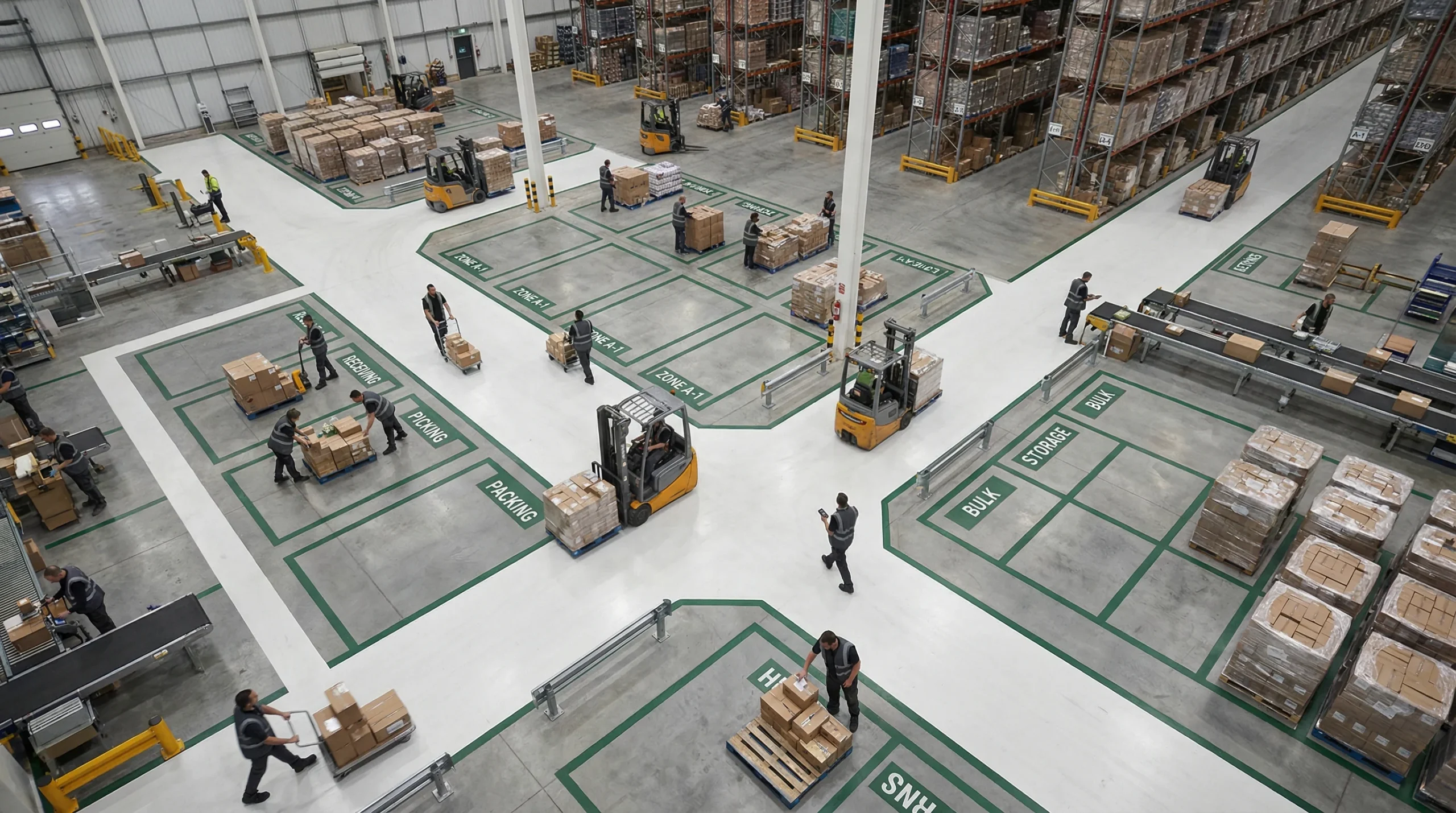 Aerial view of organized warehouse floor