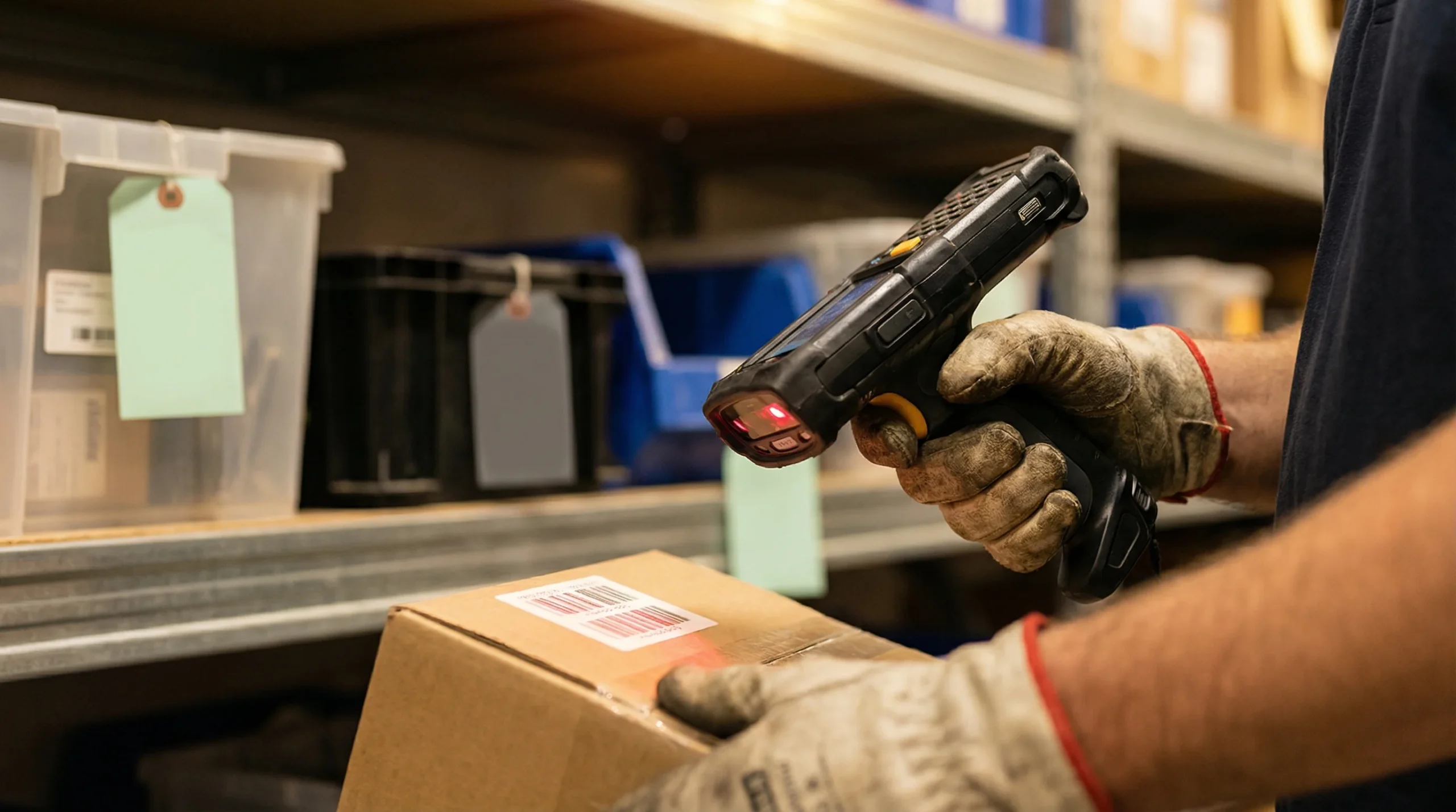Warehouse worker scanning barcode on package
