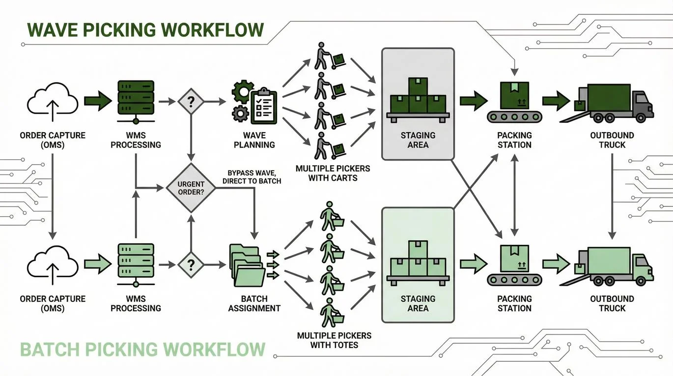 Wave and batch picking workflow diagram