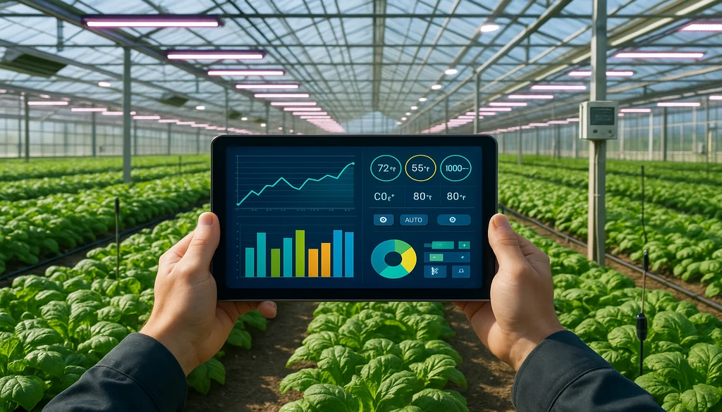 Hands holding tablet displaying greenhouse monitoring software dashboard in modern agricultural facility