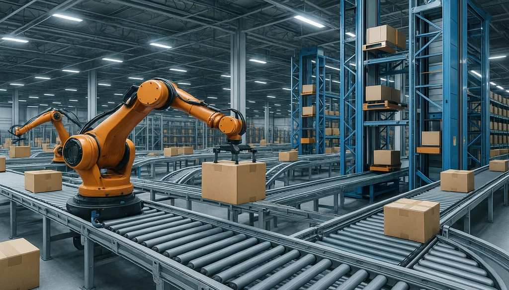Robotic arm handling packages on conveyor system in automated warehouse facility