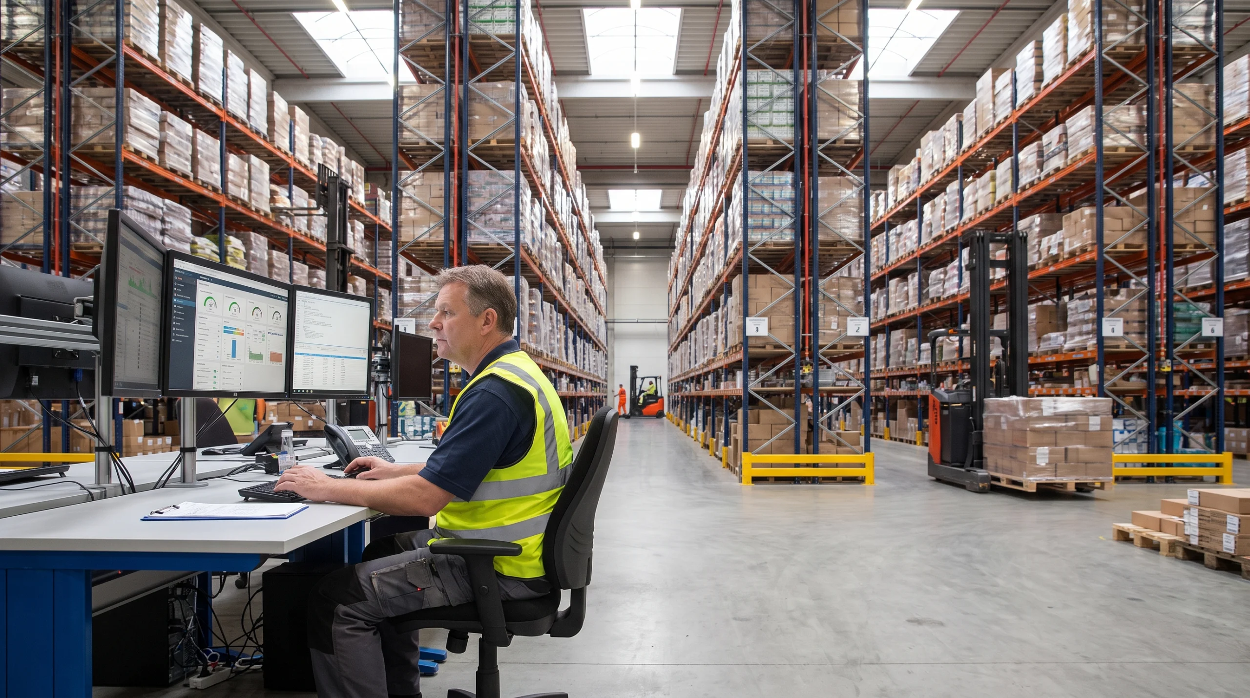 3PL Warehouse Operations and Inventory Management 3PL warehouse operator reviewing multi-client inventory on a computer at a busy distribution center